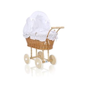 Wicker Dolls' Pram With White Bedding And Padding - Natural