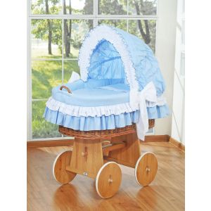 Cuna Moisés de Mimbre Bellamy Natural con Capota y Ropa de Cama Azul – Base con Ruedas