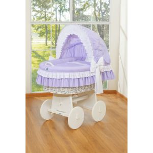 Cuna Moisés de Mimbre con Capota – Modelo Bellamy Blanca con Vestiduras Lilas