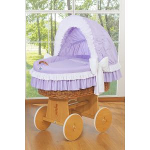 Cuna Moisés de Mimbre Bellamy Natural con Capota Ajustable y Ropa de Cama Lila – Base con Ruedas