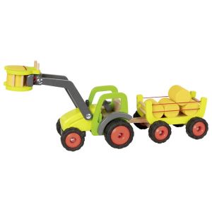 Tractor con carga delantera y vagón (con balas de paja)