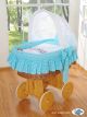 Moisés de Mimbre Owls Turquesa – Cesta Natural con Capota y base con Ruedas - Azul y Natural