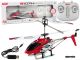 Helicóptero SYMA S107H rojo en vuelo mostrando su diseño aerodinámico.