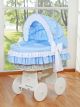 Cuna Moisés de Mimbre Bellamy con Capota Ajustable – Blanca con Ropa Azul y Base con Ruedas