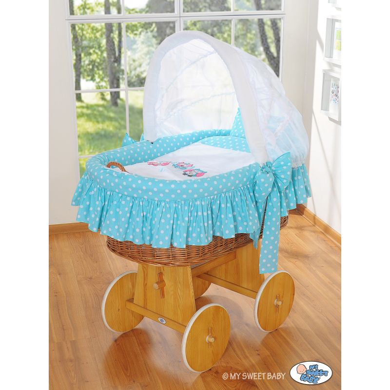 Moisés de Mimbre Owls Turquesa | Cesta de Mimbre Natural con Ropa y Dosel