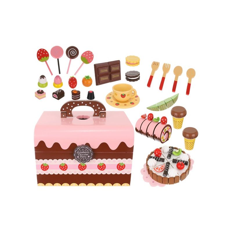 Caja de madera con Dulces y tarta para cortar