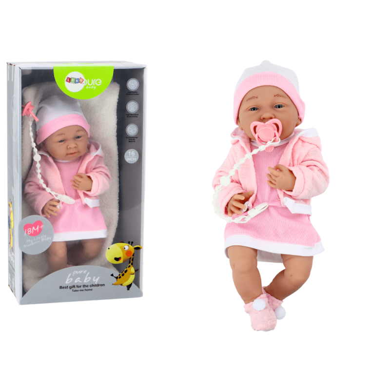 Muñeca Bebé con Ropa Blanca y Rosa, Chupete, Babero y Manta – 42 cm