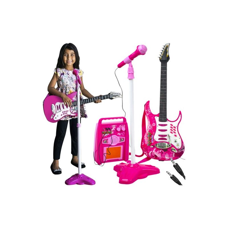 Guitarra eléctrica + Amplificador + Micrófono con Soporte de Color Rosa
