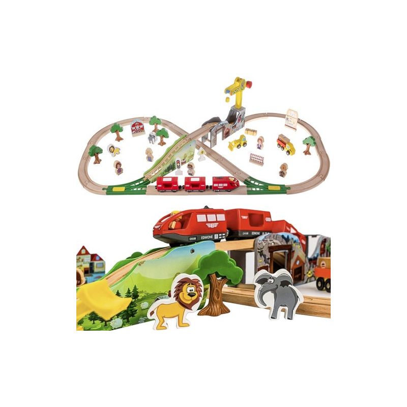 Tren de Madera Infantil con Circuito de 3,2 m – Set de 57 Piezas con Grúa, Animales y Vehículos