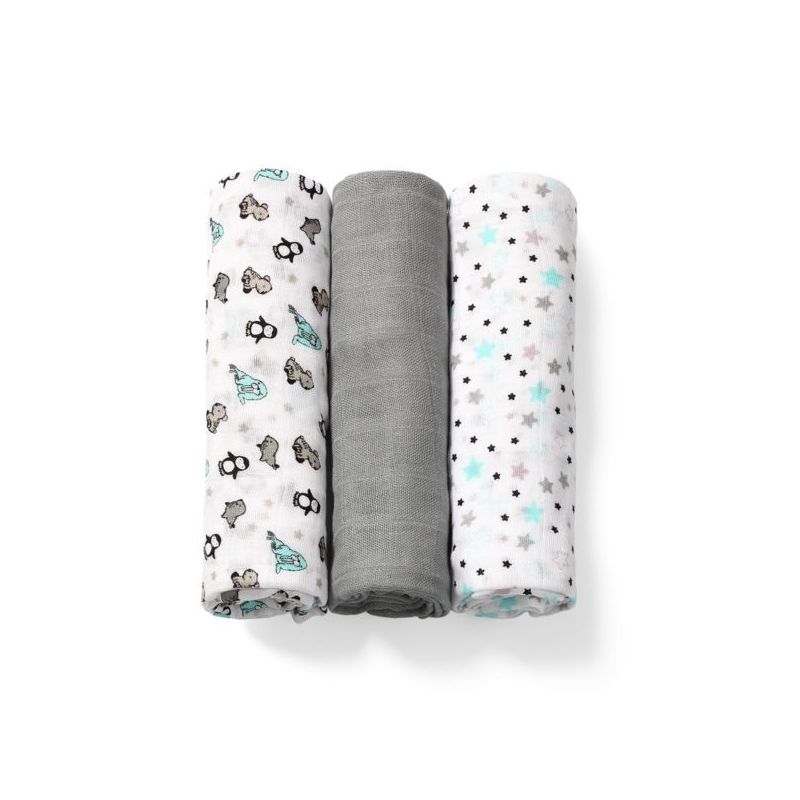 Muselina de fibras de bambú en gris, 3 unidades de 70 x 70 cm, perfecta para bebés y su cuidado.
