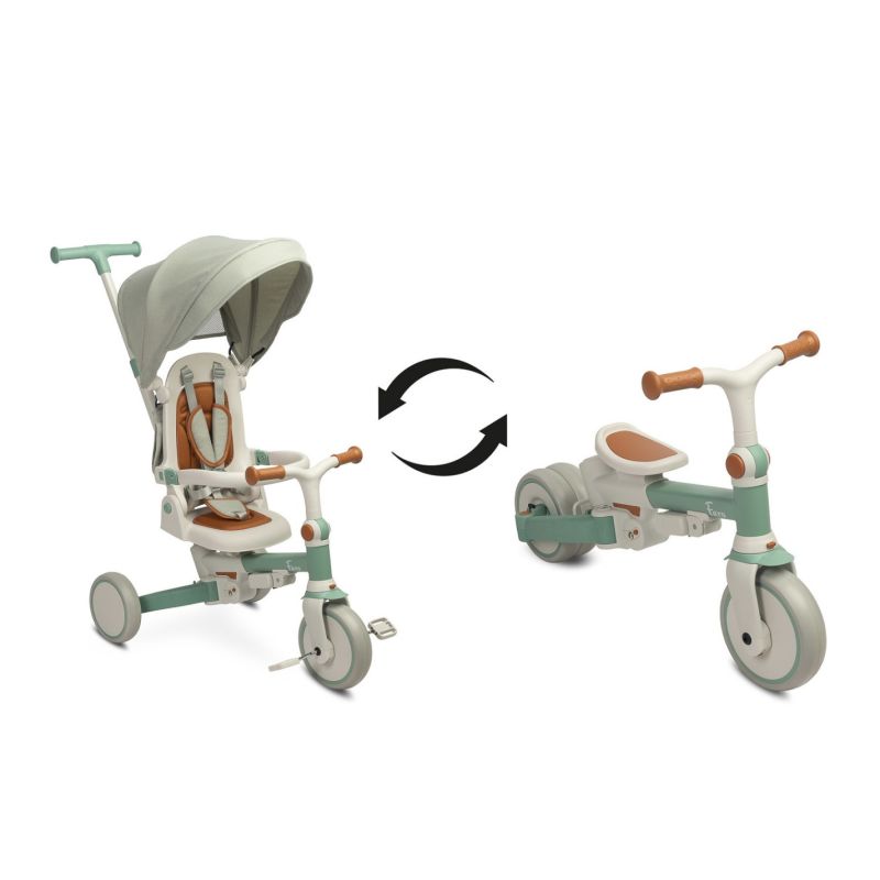 Triciclo transformable en bicicleta Faro en color menta, plegable y multifuncional para niños pequeños.