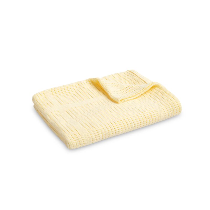 Manta de verano calada para bebé en color amarillo, tamaño 110 x 70 cm, perfecta para días cálidos.