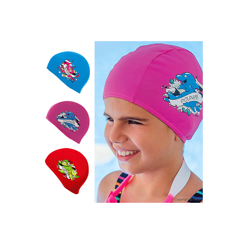 Gorro de natación para bebés en azul, ideal para proteger del sol en la playa o piscina.