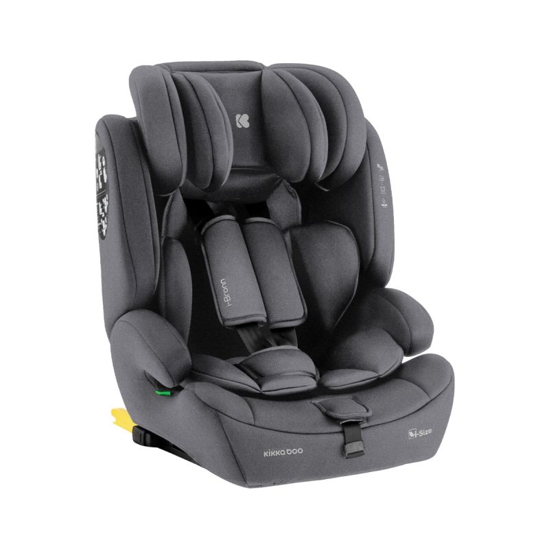 Silla de coche i-Bronn i-SIZE gris, ideal para niños de 76 a 150 cm, orientada a favor de la marcha.