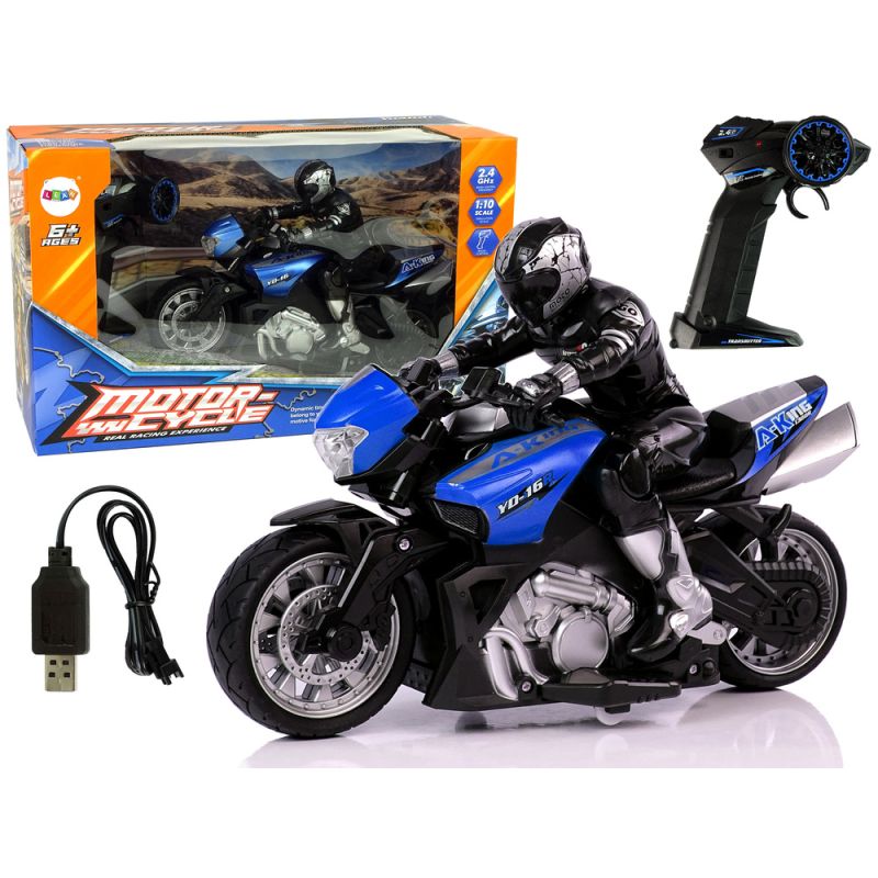 Moto deportiva R/C 1:10 azul LEAN Toys vista tres cuartos