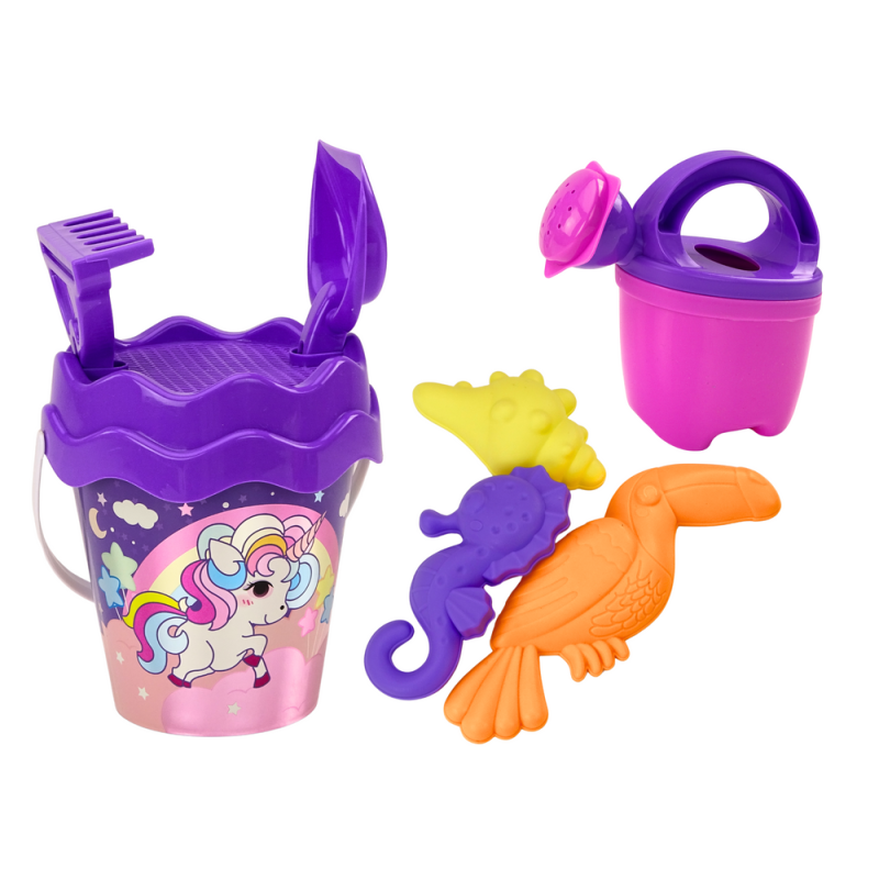 Set de Arena con Cubo, Pala, Rastrillo, Regadera y Unicornio Rosa
