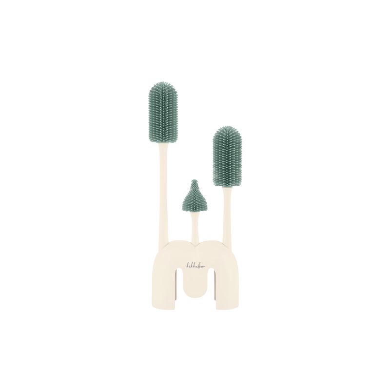 Set 3 cepillos para biberones Kikkaboo con soporte, silicona platino grado alimentario
