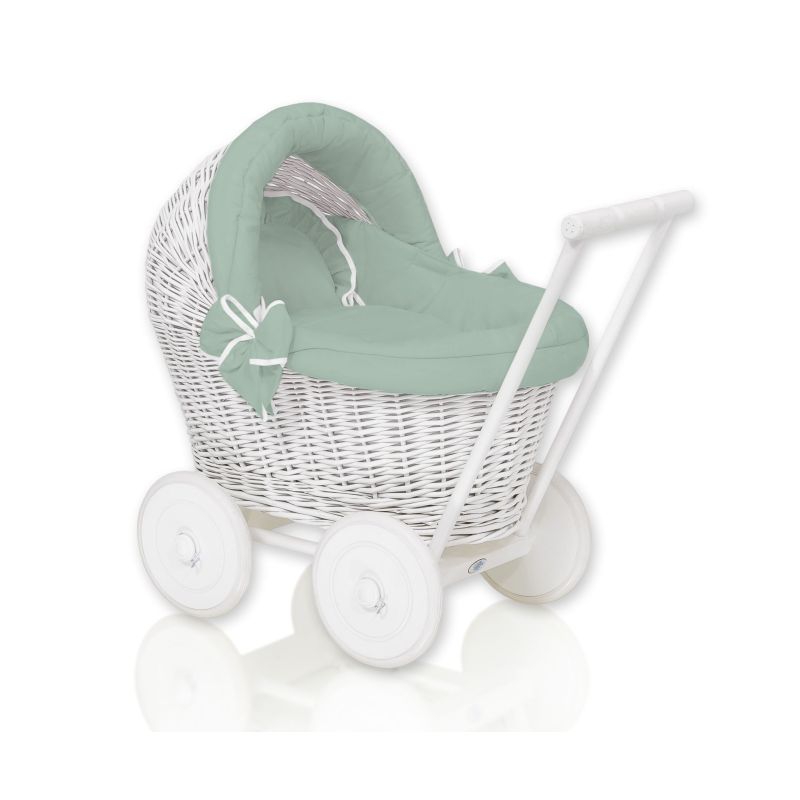 Wicker Doll Pushchair White With Sage Bedding And Soft Padding Stella