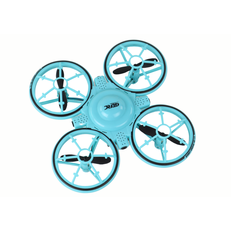 Dron R/C azul con pulsera de control en la muñeca