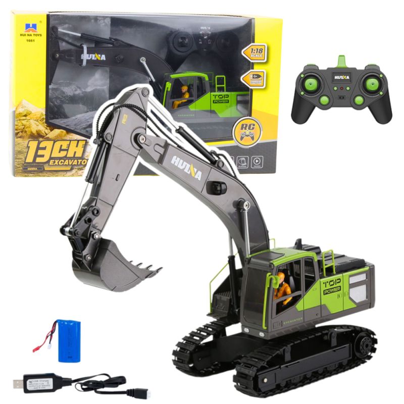 Excavadora oruga R/C verde Huina 1:18 vista frontal