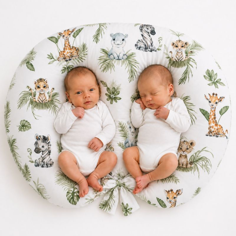 Cojín de lactancia gemelar Little Safari – Almohada croissant para gemelos con funda extraíble