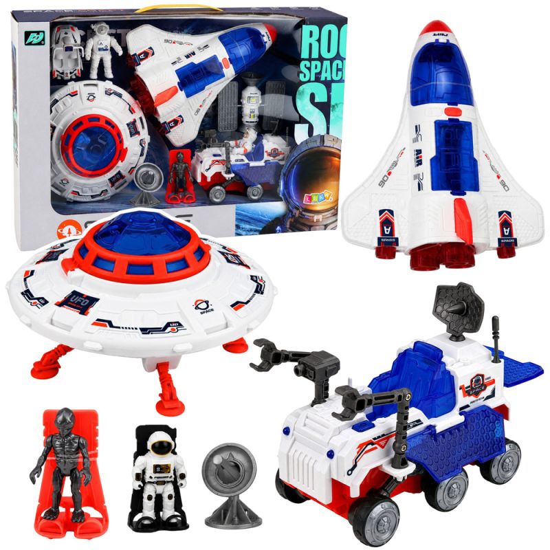 Set espacial con transbordador, ovni, satélite y astronautas