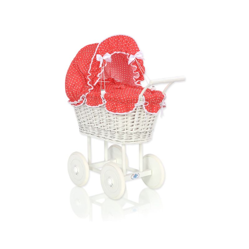 Carrito de muñecas My Sweet Baby de mimbre con ropa de cama roja