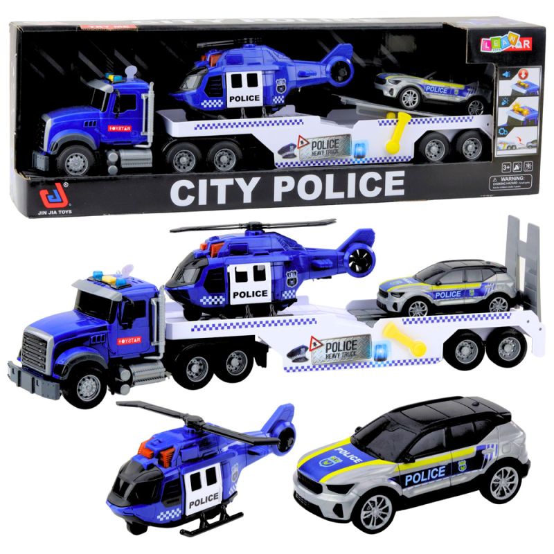 Camión policial con helicóptero y coche de policía