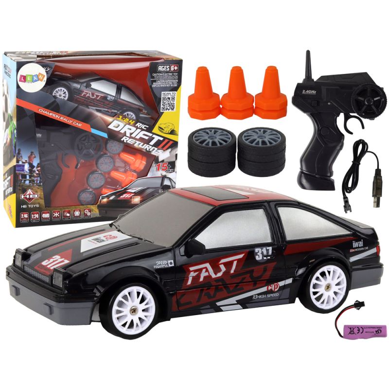 Coche Deportivo Teledirigido R/C 1:24 Negro con Ruedas Reemplazables