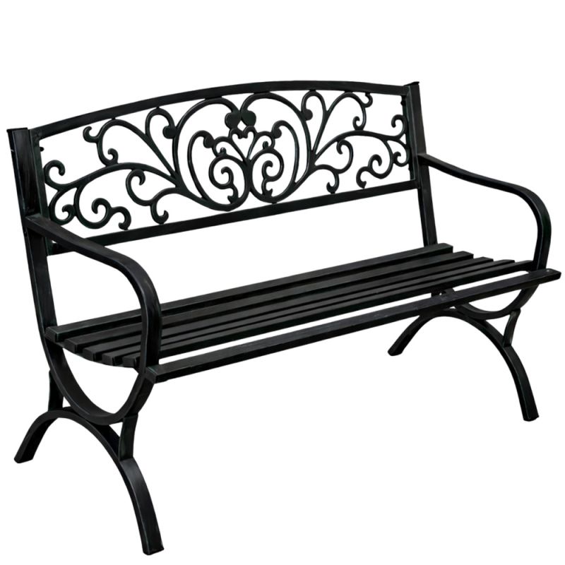 Banco de jardín de metal negro decorado para 2 plazas 127 cm