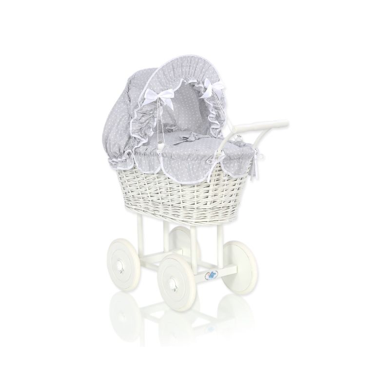 Carrito de muñecas My Sweet Baby de mimbre con ropa de cama gris