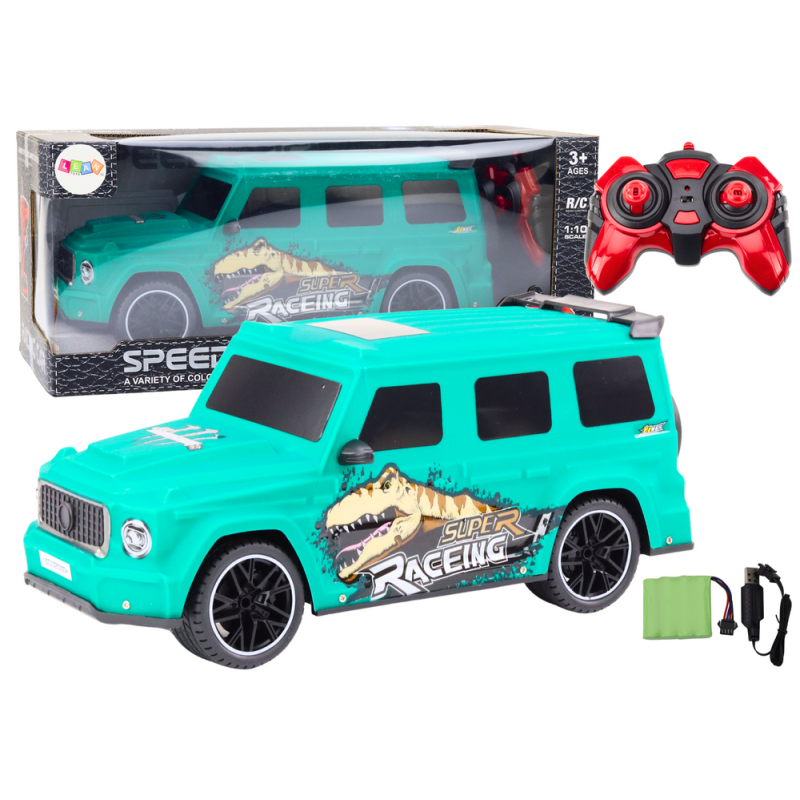 Coche de control remoto RC con dinosaurio, escala 1:10, verde