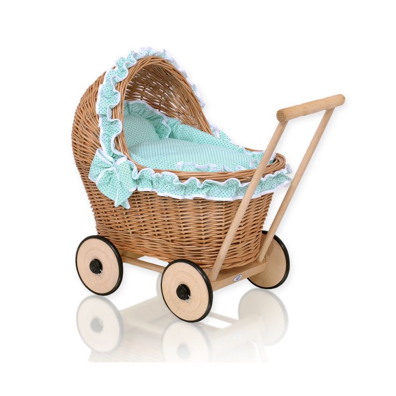 Carrito de muñecas de mimbre My Sweet Baby con ropa de cama