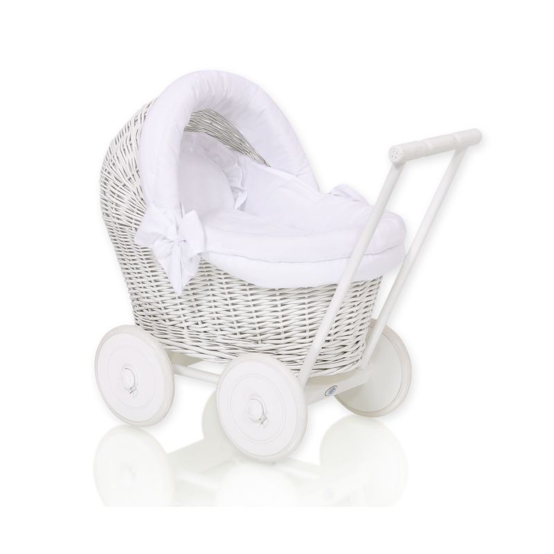 Wicker Doll Pushchair White With White Bedding And Soft Padding Stella