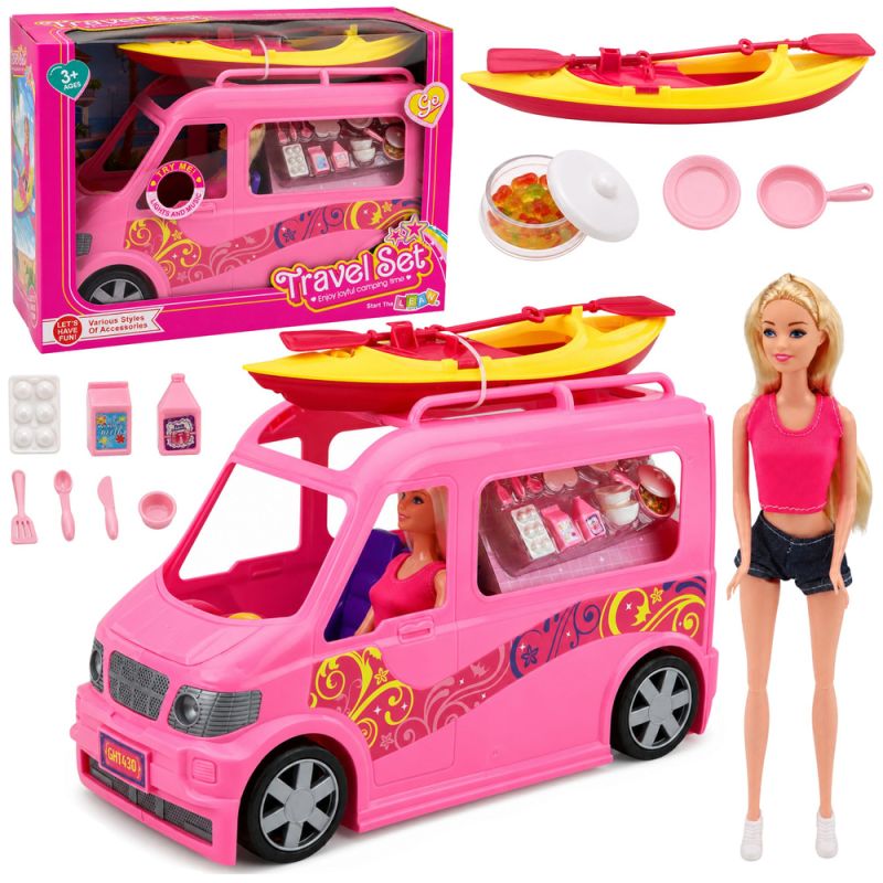 Set de Muñeca Viajera con Camper y Kayak, Luces y Sonidos