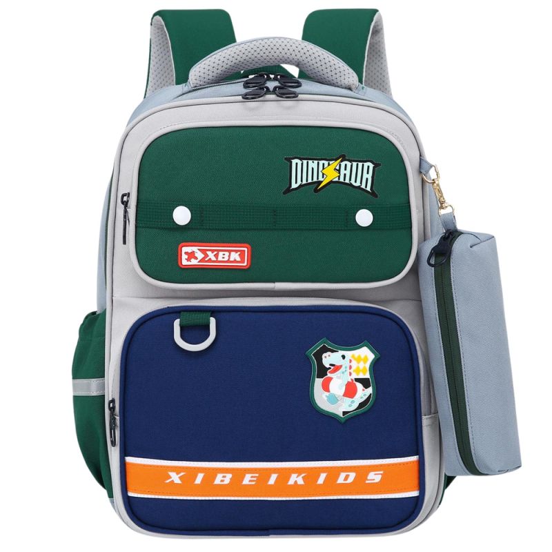 Mochila Escolar con Parche de Dinosaurio y Estuche Gris 16L