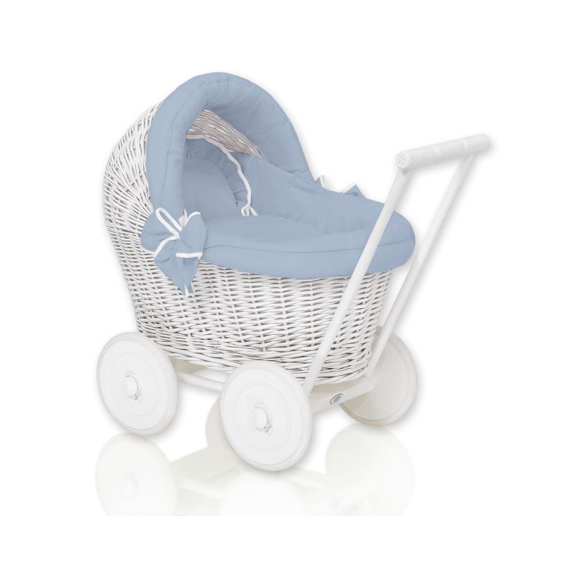 Wicker Doll Pushchair White With Bedding Dusty Blue And Soft Padding Stella