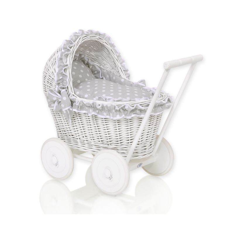 Carrito de muñecas My Sweet Baby de mimbre con ropa gris
