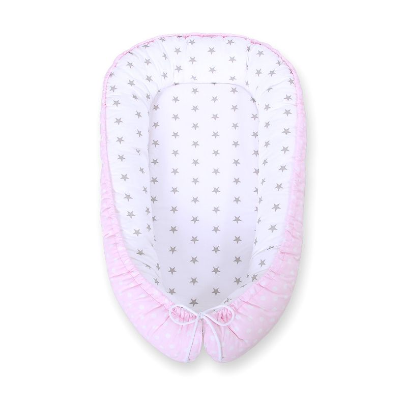 Baby Nest Double-sided Premium Cocoon For Infants Bobono- Dots On Pink/ Grey Stars