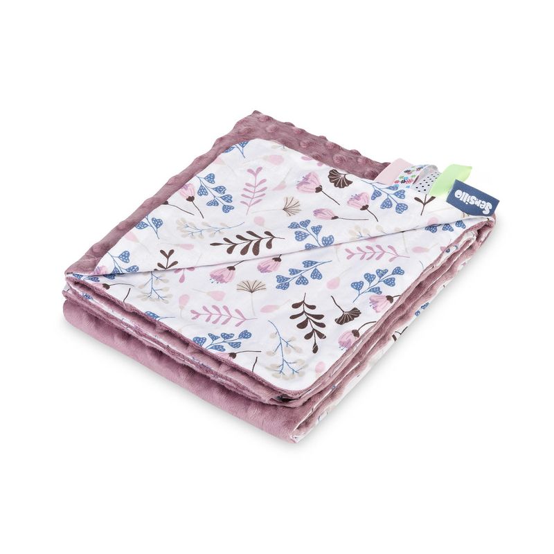 Manta Minky infantil Twigs rosa con cintas sensoriales 75x100 cm