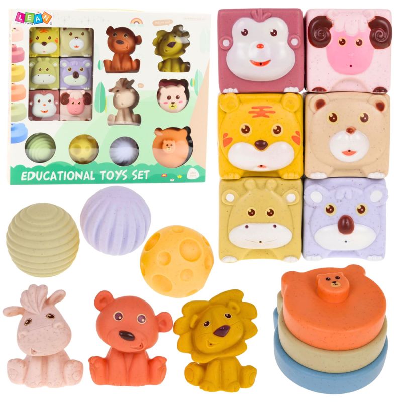 Set de bloques sensoriales de goma ecológica con animales - 18 piezas