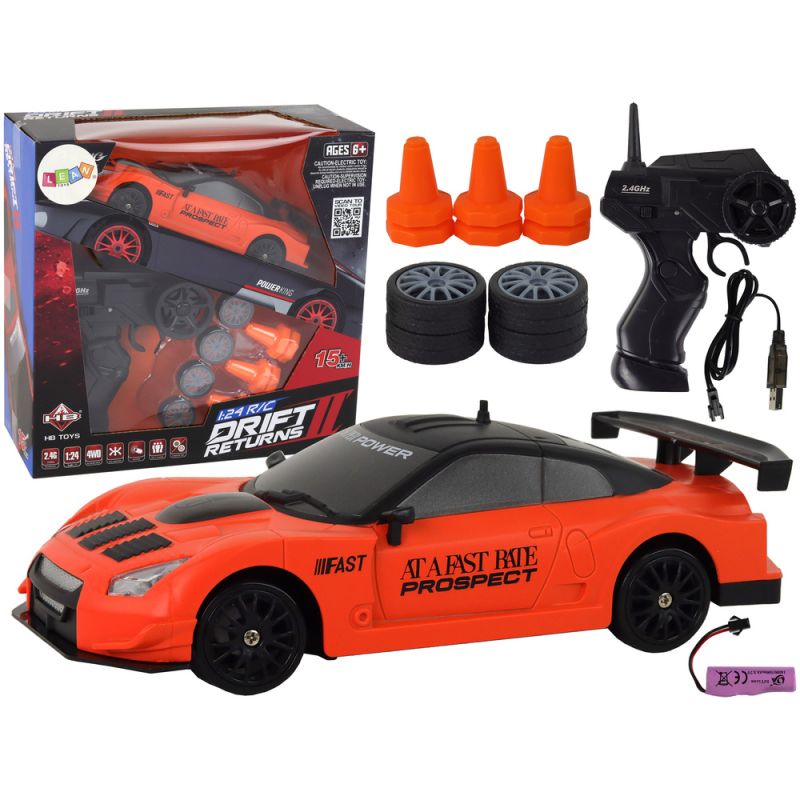 Coche Deportivo Teledirigido 1:24 Naranja con Ruedas Intercambiables