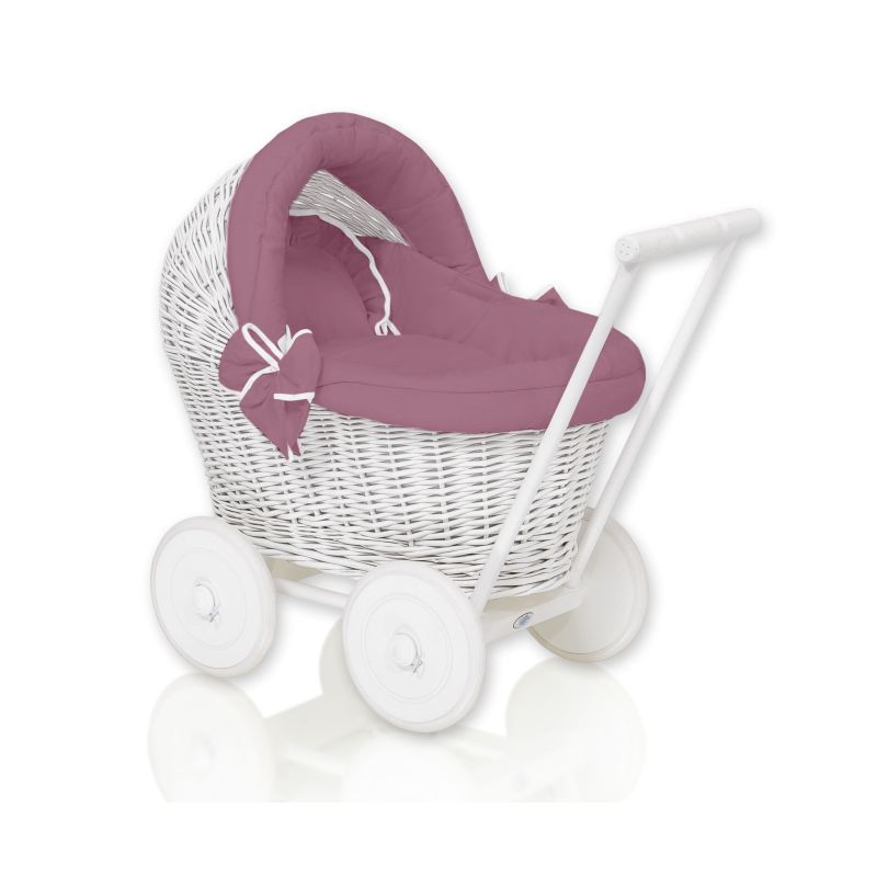 Wicker Doll Pushchair White With Bedding Dusty Rose And Soft Padding Stella
