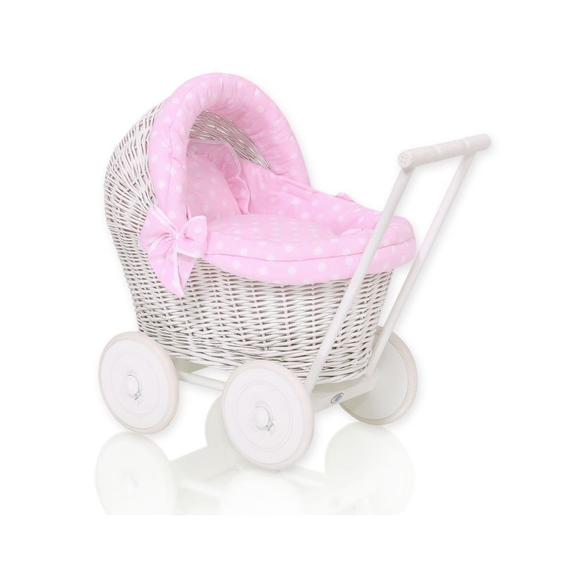 Carrito de muñecas de mimbre My Sweet Baby con ropa rosa