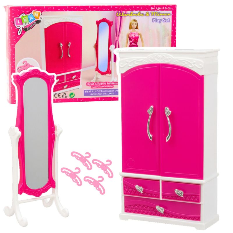 Conjunto de Muebles para Muñecas con Armario y Espejo Rosa