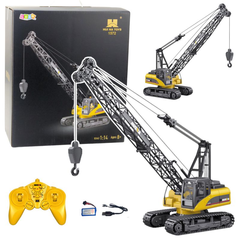 Grúa oruga R/C Huina 1:14 con pluma extendida vista lateral