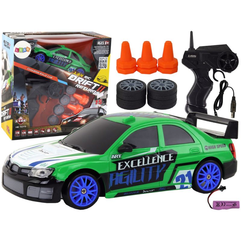 Coche Deportivo Teledirigido R/C 1:24 Verde con Ruedas Intercambiables