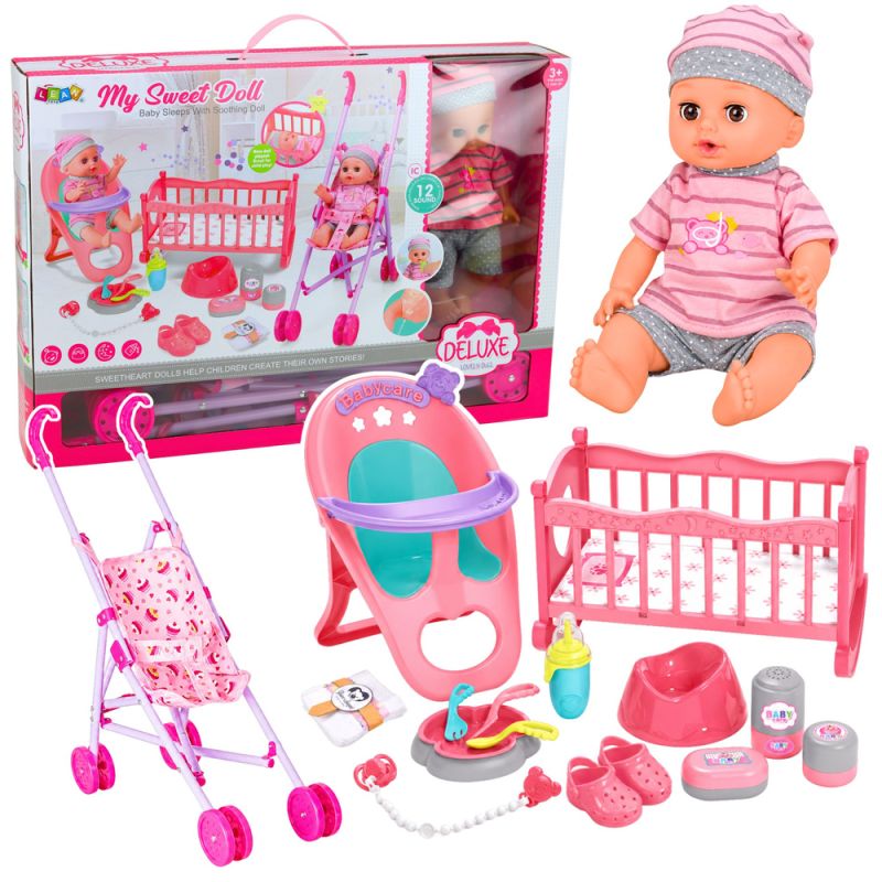 Muñeca Bebé Interactiva con Cochecito Cuna Trona Set