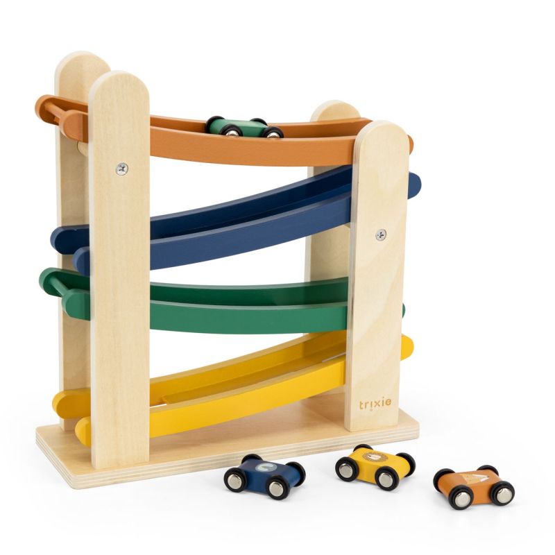 Pista de carreras de madera con 4 coches Trixie para bebés