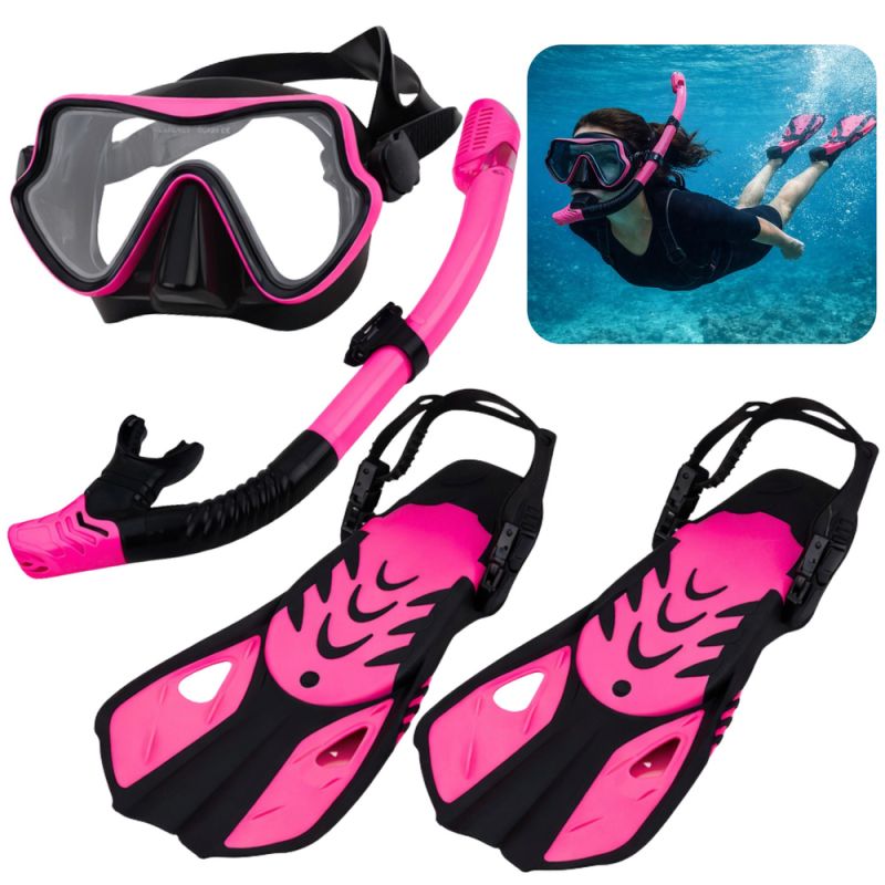 Snorkeling Set, Fins, Glasses, Snorkel, Black and Pink, S/M